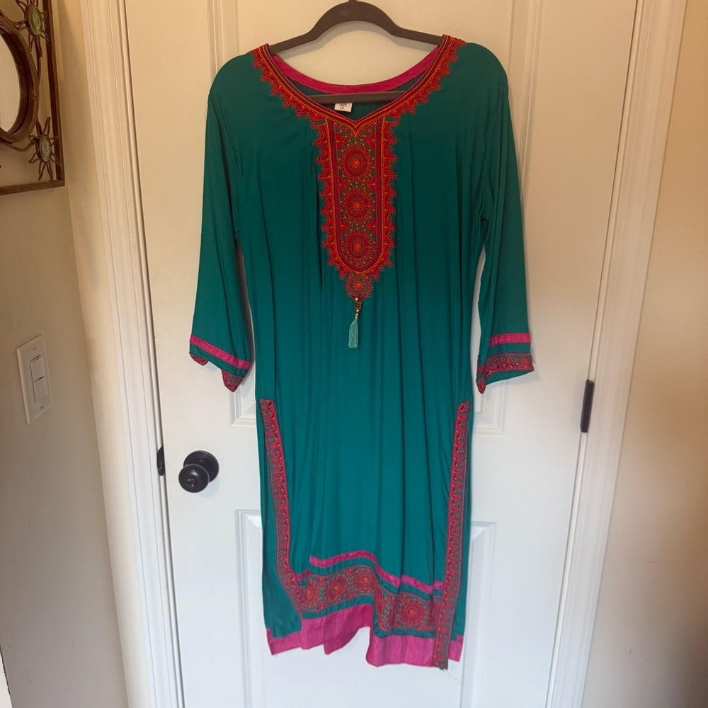 Teal Tunic Kurta Dress with Pink and Orange Embroidery